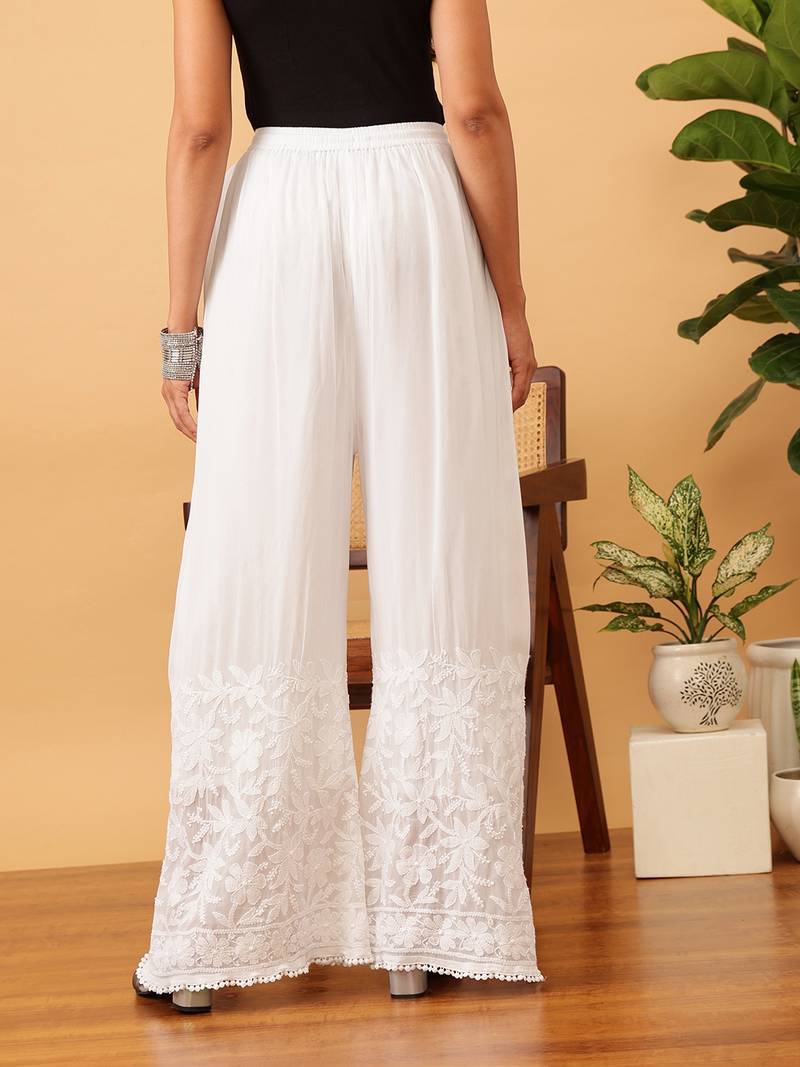 Hand embroidered white viscose georgette lucknowi chikankari palazzo