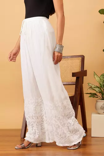 Hand embroidered white viscose georgette lucknowi chikankari palazzo