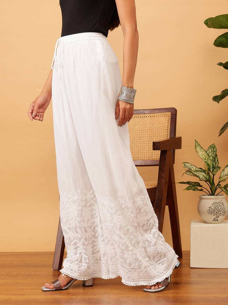 Hand embroidered white viscose georgette lucknowi chikankari palazzo