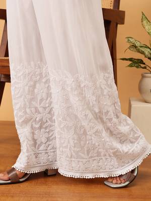 Hand embroidered white viscose georgette lucknowi chikankari palazzo 4