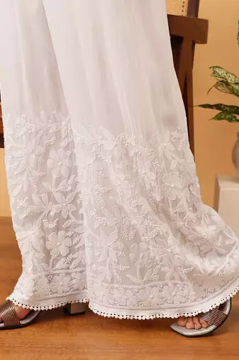 Hand embroidered white viscose georgette lucknowi chikankari palazzo