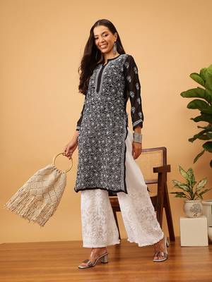Hand embroidered white viscose georgette lucknowi chikankari palazzo 6