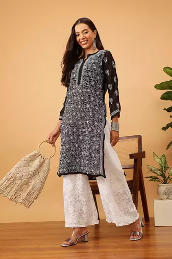Hand embroidered white viscose georgette lucknowi chikankari palazzo
