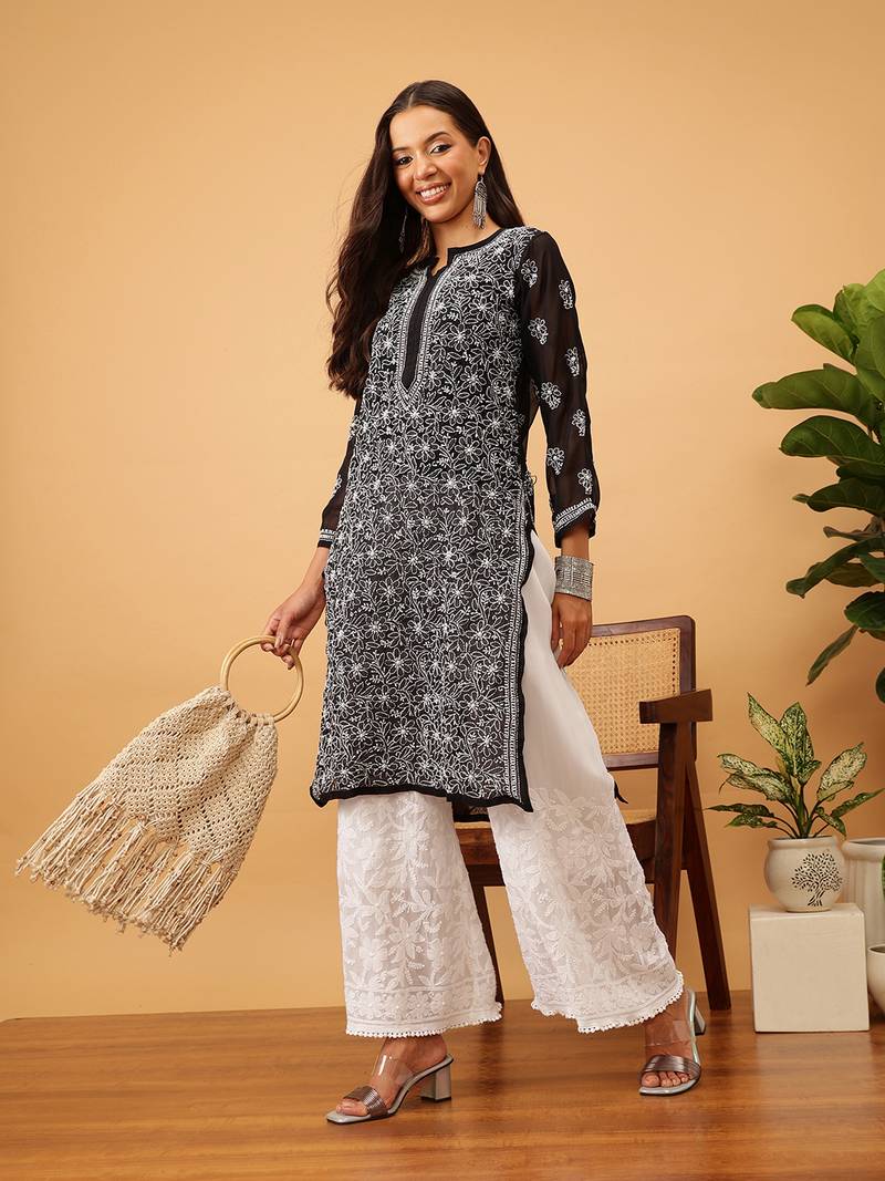 Hand embroidered white viscose georgette lucknowi chikankari palazzo