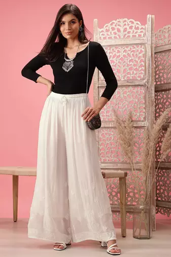 Hand embroidered white viscose georgette lucknowi chikankari palazzo