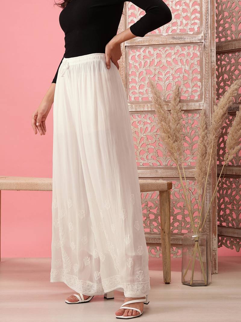 Hand embroidered white viscose georgette lucknowi chikankari palazzo
