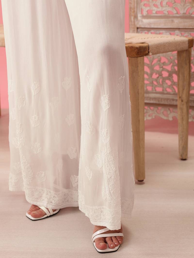 Hand embroidered white viscose georgette lucknowi chikankari palazzo