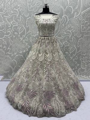 white multi thread work net bridal lehenga set choli with dupatta 2