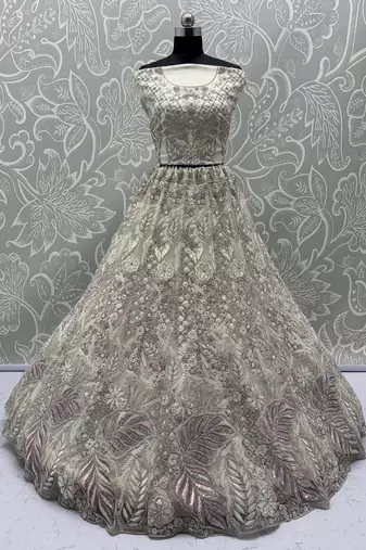 white multi thread work net bridal lehenga set choli with dupatta