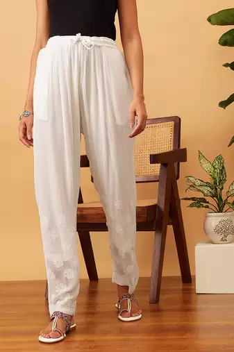 Hand embroidered white georgette lucknowi chikankari palazzo