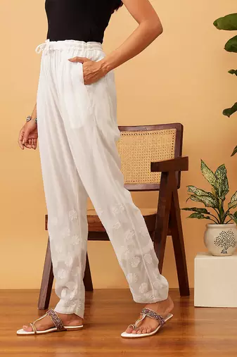 Hand embroidered white georgette lucknowi chikankari palazzo