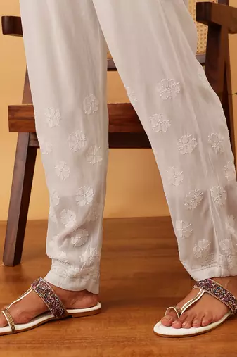 Hand embroidered white georgette lucknowi chikankari palazzo