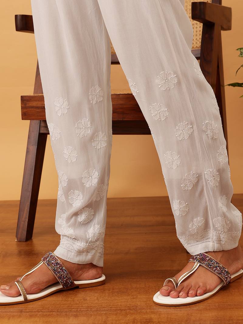 Hand embroidered white georgette lucknowi chikankari palazzo