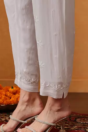 Hand embroidered white georgette lucknowi chikankari straight pant