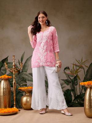 Hand embroidered white georgette lucknowi chikankari palazzo 4