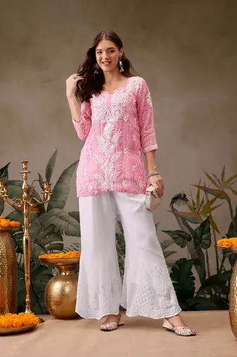 Hand embroidered white georgette lucknowi chikankari palazzo