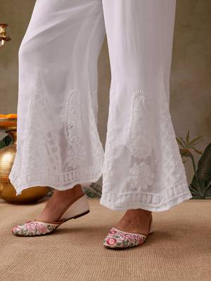 Hand embroidered white georgette lucknowi chikankari palazzo 5