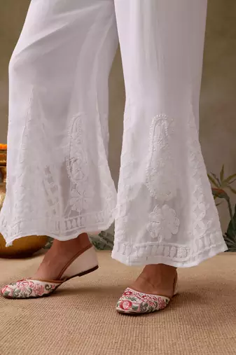 Hand embroidered white georgette lucknowi chikankari palazzo