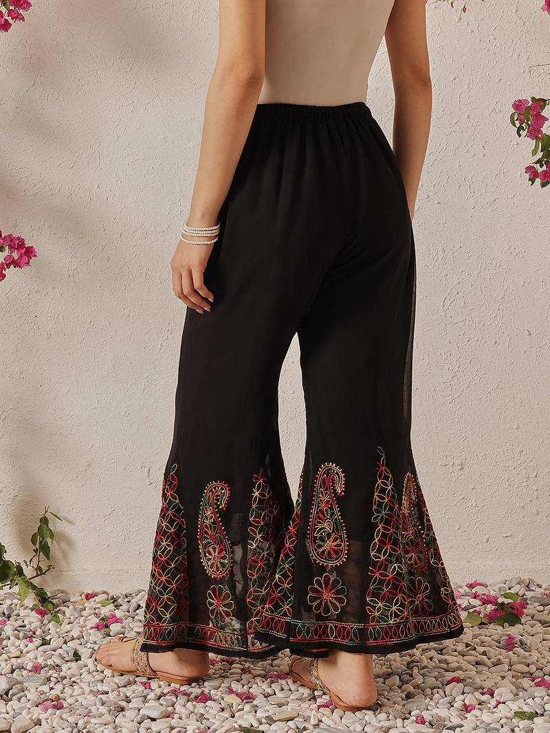 Hand embroidered black georgette lucknowi chikankari palazzo