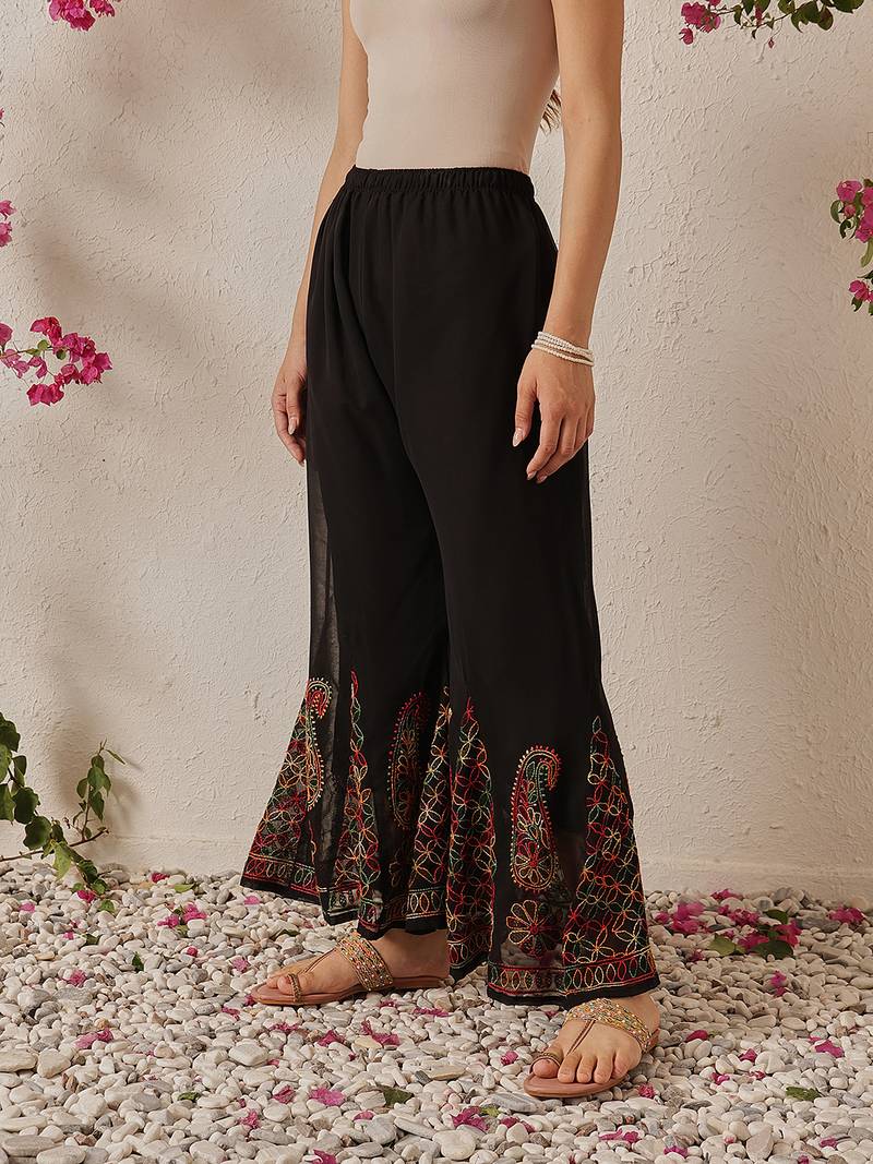 Hand embroidered black georgette lucknowi chikankari palazzo
