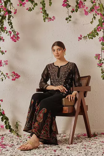 Hand embroidered black georgette lucknowi chikankari palazzo