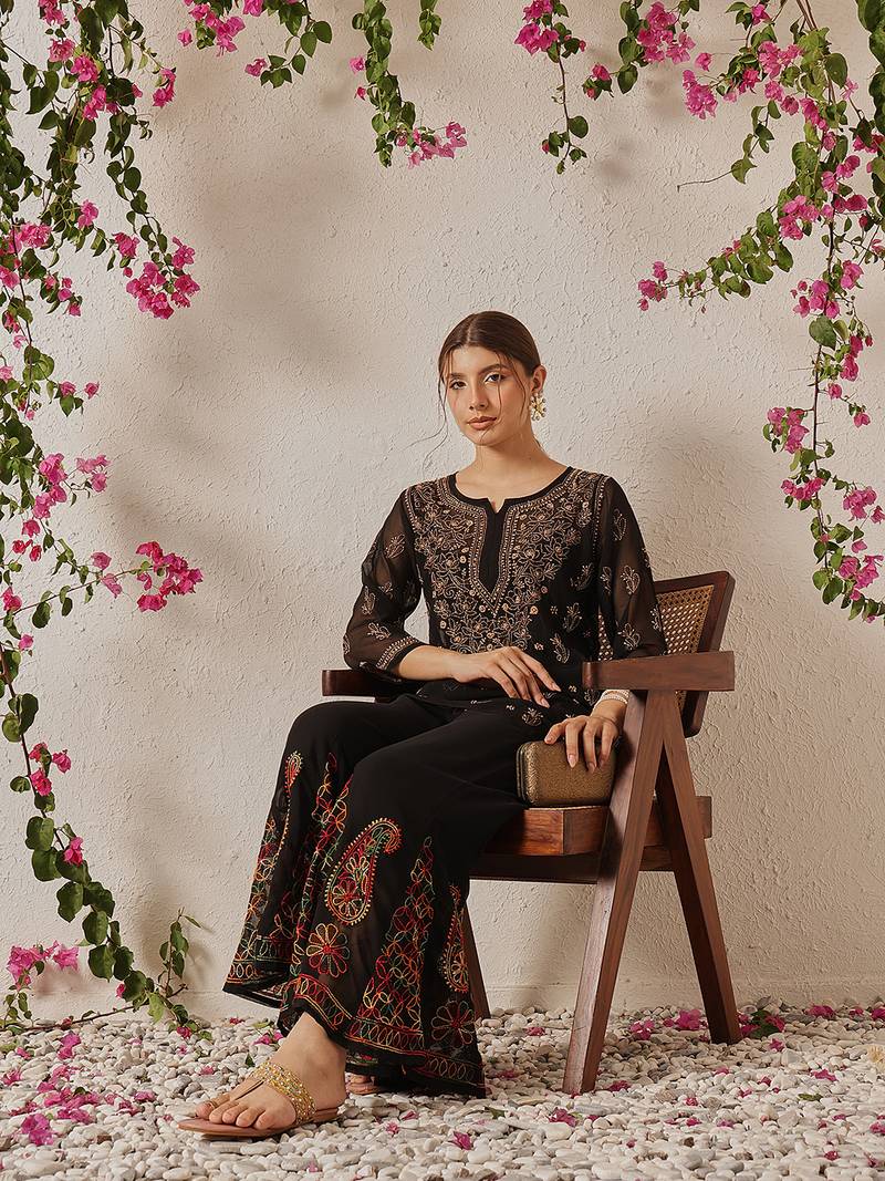 Hand embroidered black georgette lucknowi chikankari palazzo