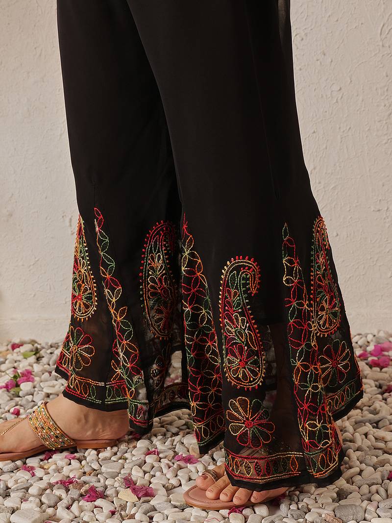Hand embroidered black georgette lucknowi chikankari palazzo