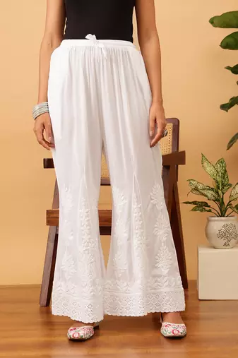 Hand embroidered white modal lucknowi chikankari palazzo