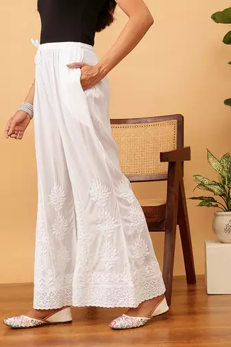 Hand embroidered white modal lucknowi chikankari palazzo