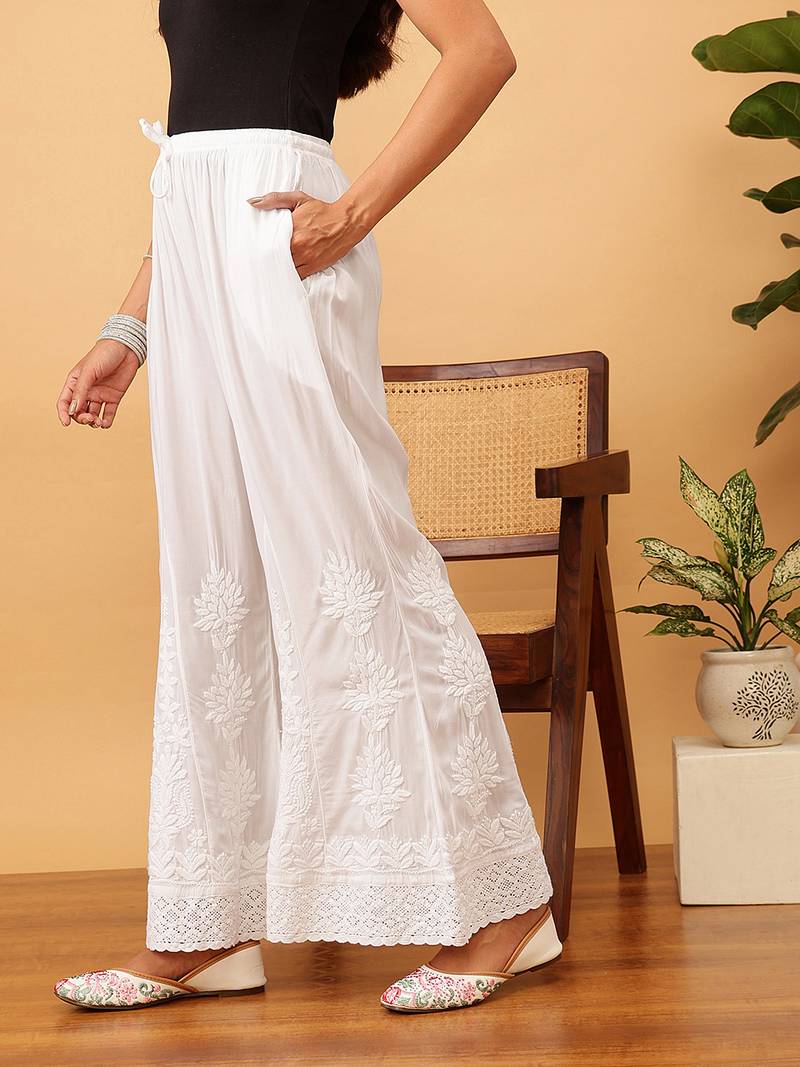 Hand embroidered white modal lucknowi chikankari palazzo