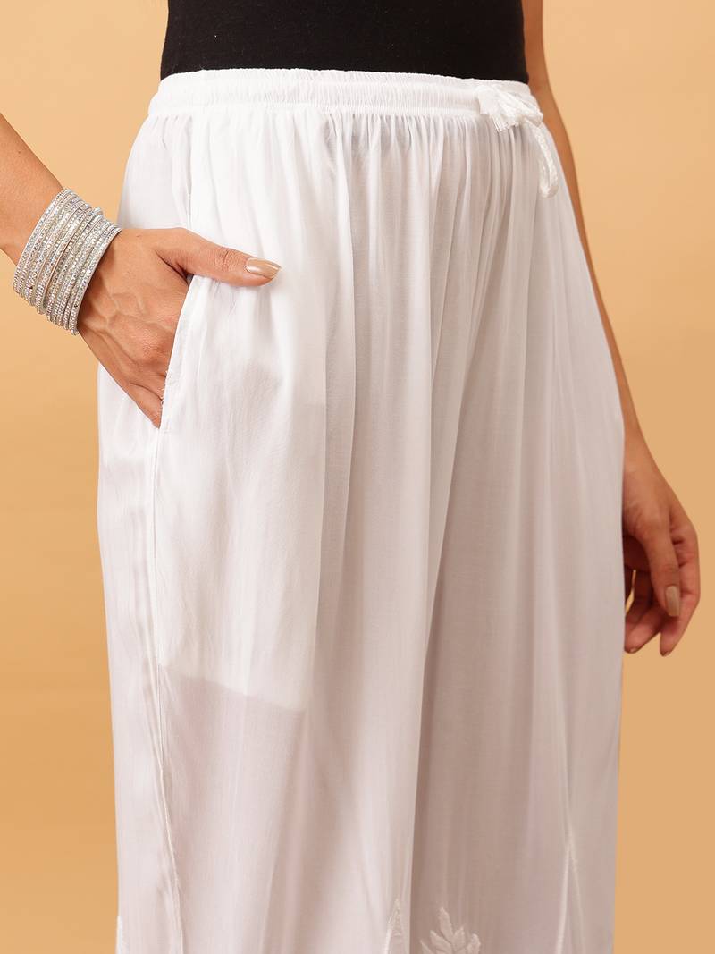 Hand embroidered white modal lucknowi chikankari palazzo