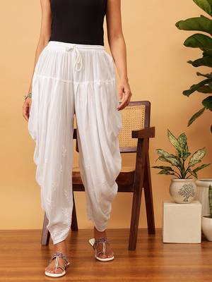 Hand embroidered white rayon lucknowi chikankari dhoti 1