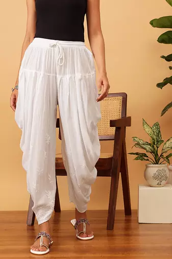 Hand embroidered white rayon lucknowi chikankari dhoti