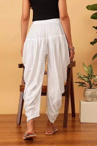 Hand embroidered white rayon lucknowi chikankari dhoti