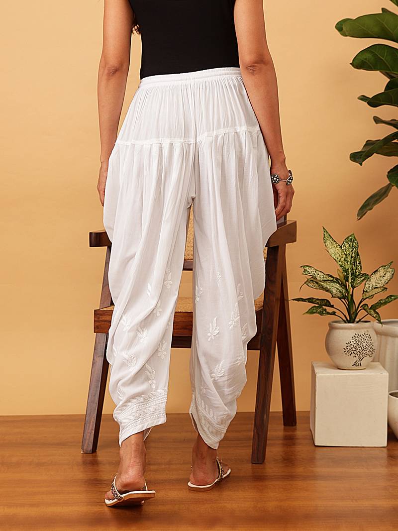 Hand embroidered white rayon lucknowi chikankari dhoti