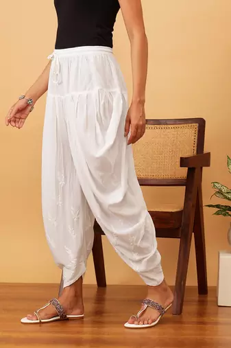 Hand embroidered white rayon lucknowi chikankari dhoti