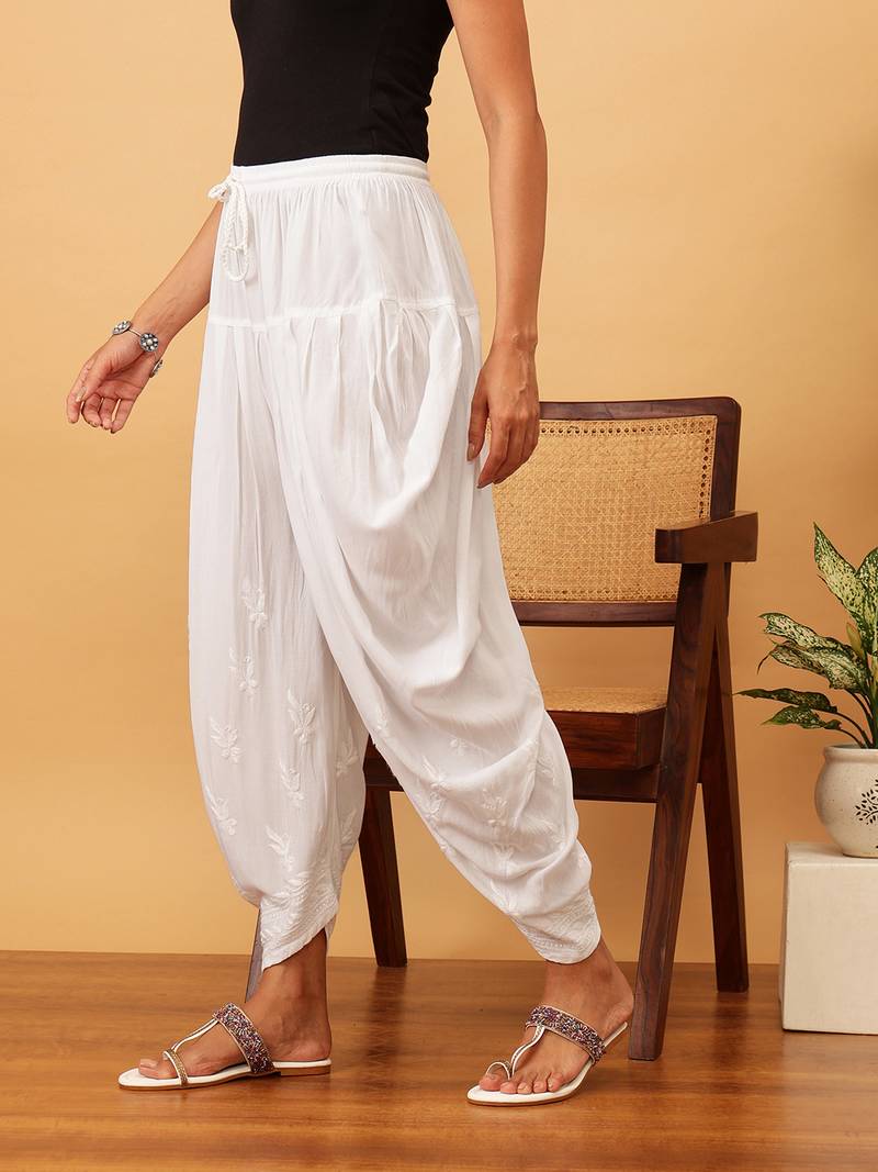 Hand embroidered white rayon lucknowi chikankari dhoti