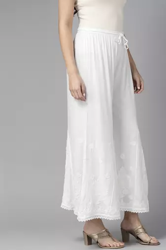 Hand embroidered white rayon lucknowi chikankari palazzo