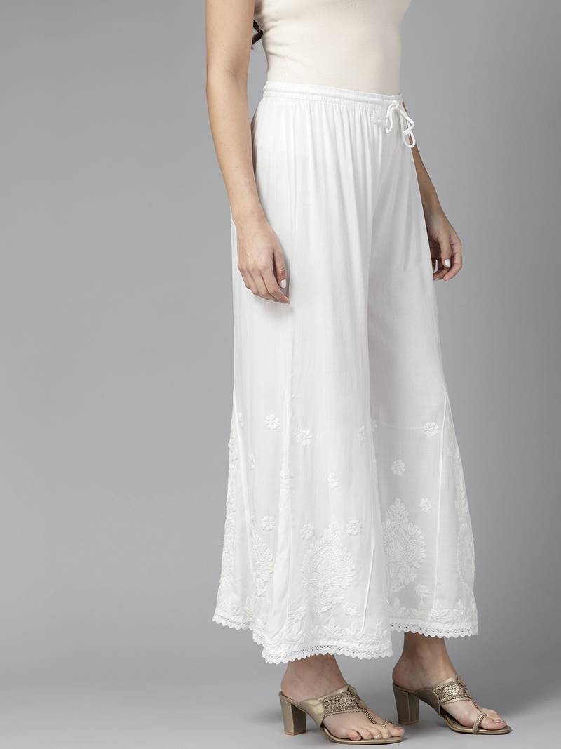 Hand embroidered white rayon lucknowi chikankari palazzo