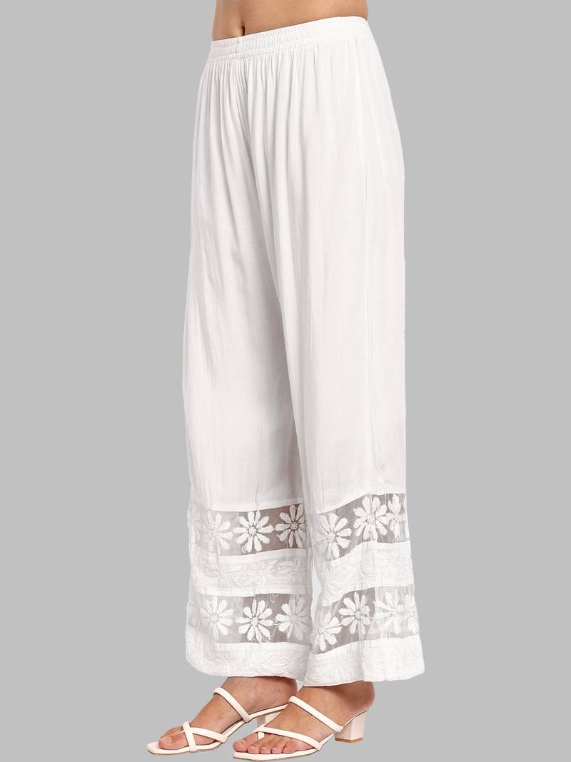 Hand embroidered white rayon lucknowi chikankari palazzo