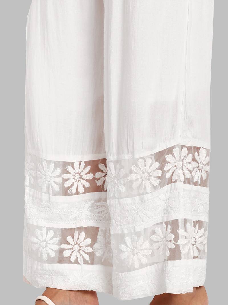 Hand embroidered white rayon lucknowi chikankari palazzo