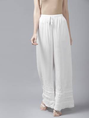Hand embroidered white rayon cotton lucknowi chikan palazzo 1