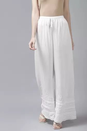 Hand embroidered white rayon cotton lucknowi chikan palazzo