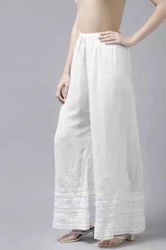Hand embroidered white rayon cotton lucknowi chikan palazzo