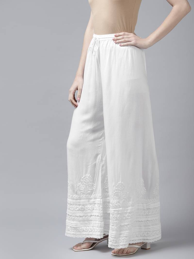 Hand embroidered white rayon cotton lucknowi chikan palazzo