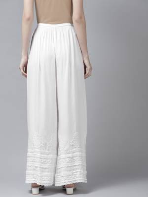 Hand embroidered white rayon cotton lucknowi chikan palazzo 3