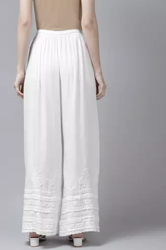 Hand embroidered white rayon cotton lucknowi chikan palazzo