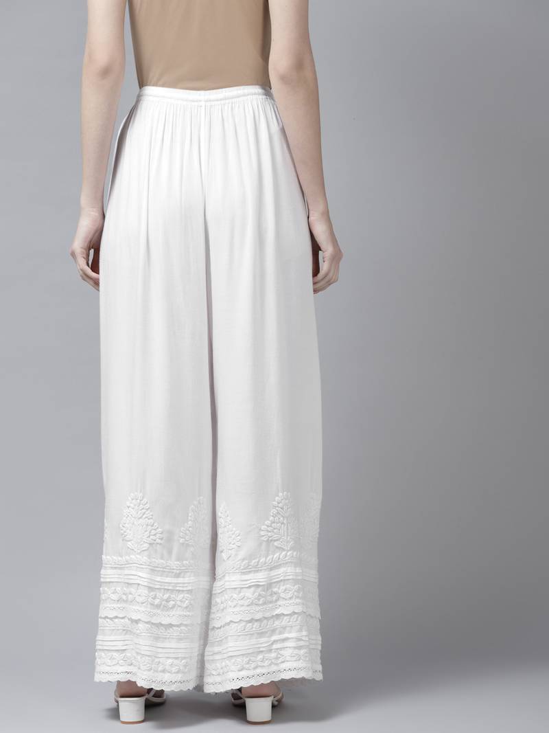 Hand embroidered white rayon cotton lucknowi chikan palazzo