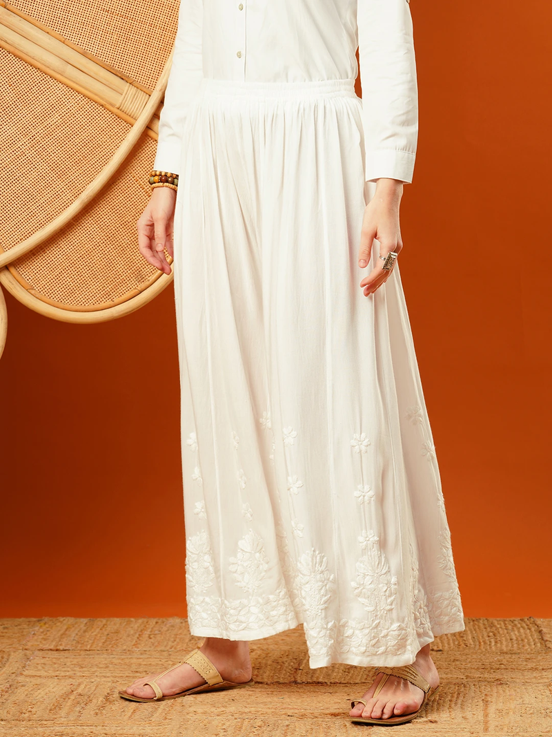 Hand embroidered white rayon lucknowi chikankari palazo