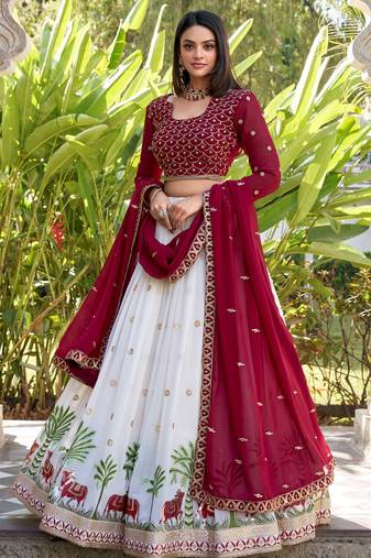 Timeless White Georgette Sequins Embroidered Lehenga Choli With Dupatta